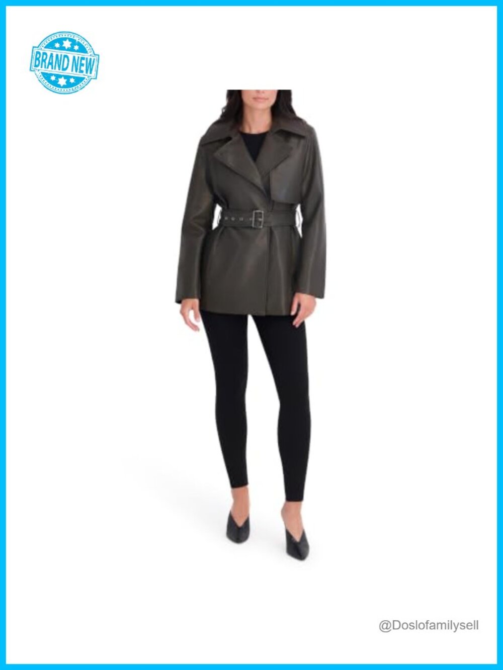 Faux Leather Belted Trench Coat Snap Closure Notched Collar